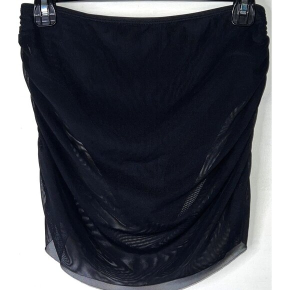Black Sheer Ruched Swim Skirt Cover-Up With Attached Bikini Bottom - Picture 1 of 4